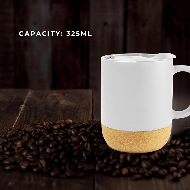 Giftmate Coffee Tea Mug with Lid | 320ml Ceramic Cork Bottom Mug for Hot & Cold Drinks | Coffee Mug with Lid for Office Home Travel | Ceramic Tea Cup White - Image 4