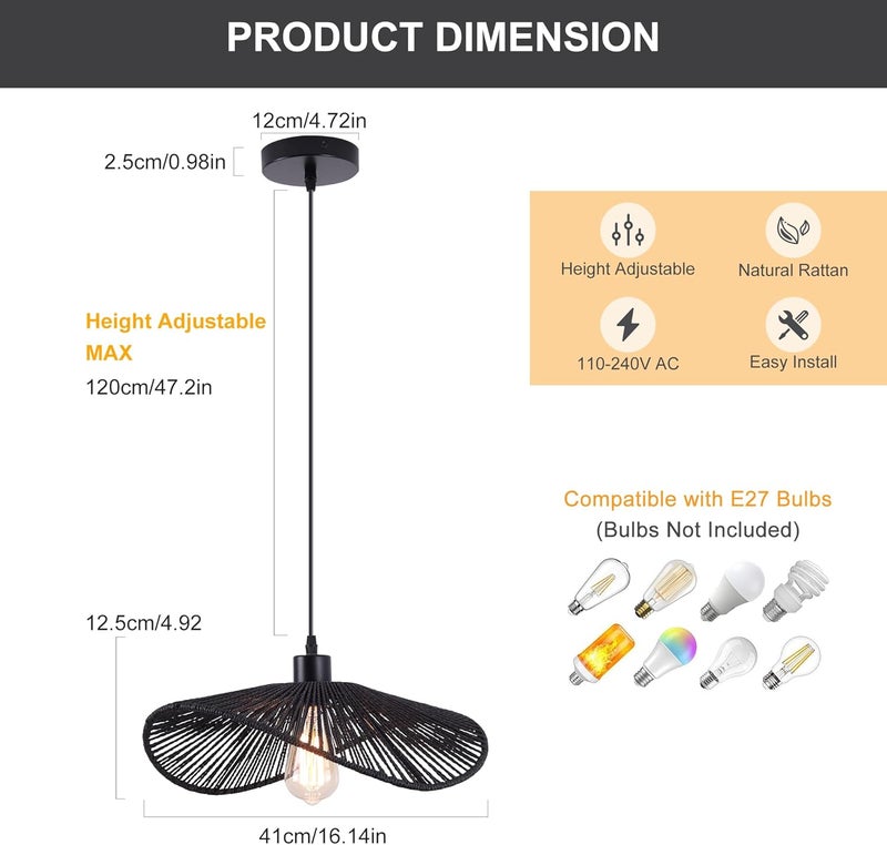 Garwarm Chandelier Boho Rattan ceiling light Pendant Light Fixture Modern Hanging Light Bamboo Handwoven 1-Light Hanging Lamp for Farmhouse Bedroom Living Room Dining Room black 41cm - Image 4