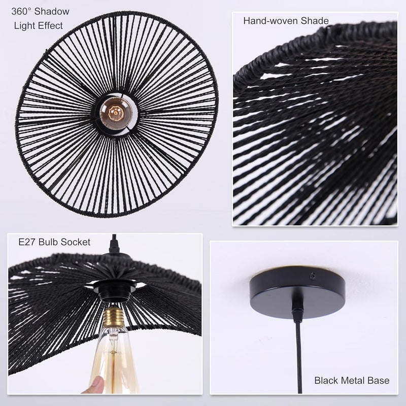 Garwarm Chandelier Boho Rattan ceiling light Pendant Light Fixture Modern Hanging Light Bamboo Handwoven 1-Light Hanging Lamp for Farmhouse Bedroom Living Room Dining Room black 41cm - Image 5
