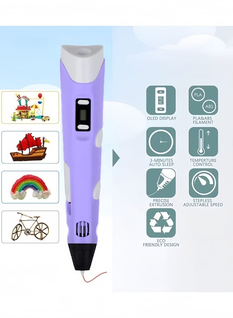 3D Printing Pen with Display Includes 3 Initial Color Filaments and Project Guide Book Charger Base 3D Printer Pen Set for Children Adjustable Temperature and Speed, for Graffiti, Drawing, Model Making (Purple) - Image 3