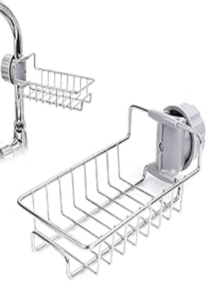 Kitchen Faucet Loofah Strainer Stainless Steel Kitchen Sink Organizer Sink Strainer Accessories for Kitchen Sink Strainer with Bottle Brush Storage Rack, Silver