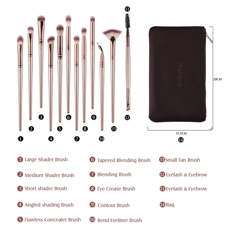 Daubigny Eye Makeup Brushes,12 PCS Professional Eye shadow, Concealer, Eyebrow, Foundation, Powder Liquid Cream Blending Brushes Set With Carrying Bag(Champagne Gold) - Image 2