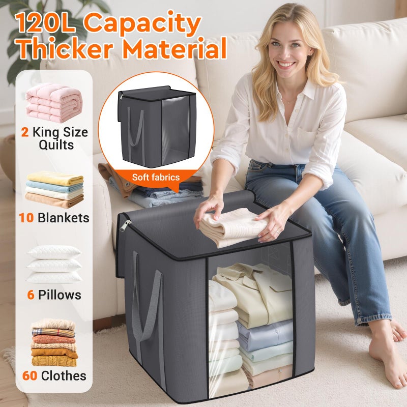 TasticTotes 120L Extra Large Clothes Storage Bags, Foldable Blanket Storage and Organization, Thick Fabric Containers with Reinforced Handles & Zippers for Clothing, Comforters, Bedding, Gray, 1 Pack - Image 3