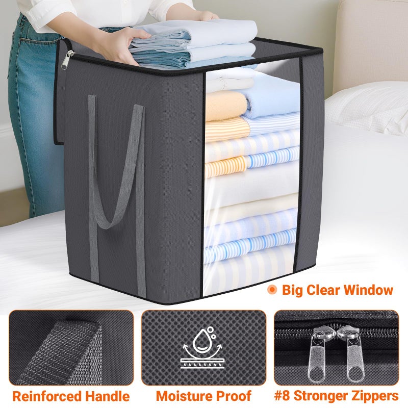 TasticTotes 120L Extra Large Clothes Storage Bags, Foldable Blanket Storage and Organization, Thick Fabric Containers with Reinforced Handles & Zippers for Clothing, Comforters, Bedding, Gray, 1 Pack - Image 4
