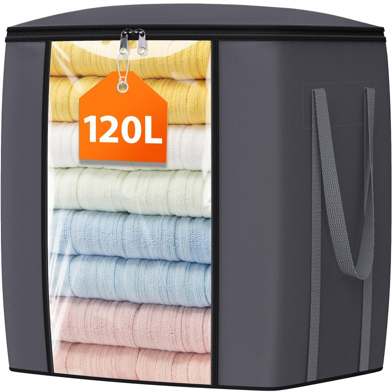 TasticTotes 120L Extra Large Clothes Storage Bags, Foldable Blanket Storage and Organization, Thick Fabric Containers with Reinforced Handles & Zippers for Clothing, Comforters, Bedding, Gray, 1 Pack - Image 1