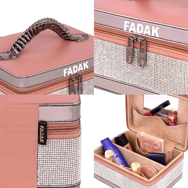 Fadak فادك مستحضرات التجميل لحقيبة الزفاف فرش المكياج حقيبة تنظيم تيكلي سفر مرآة كبيرة صندوق تخزين مجوهرات صندوق العروس (متعدد الألوان) - Image 2