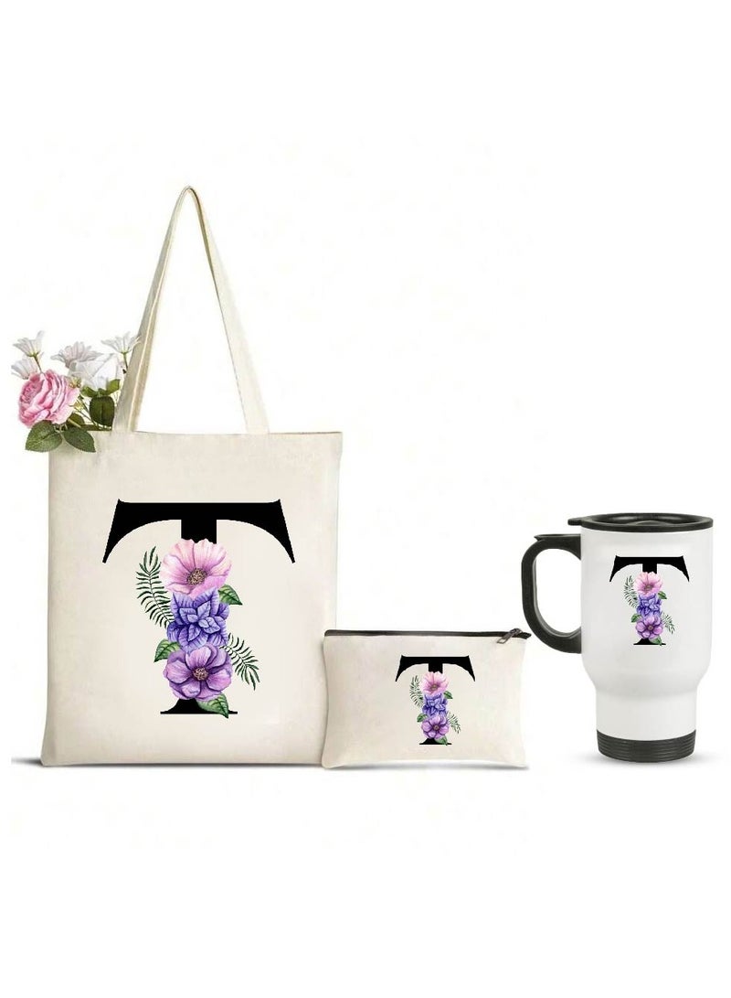 PRINTSHOP4ME Initial Letters Canvas Cotton Tote Bag, Cosmetic Pouch, and Stainless Steel Travel Mug - A Stylish Pack of 3 Combo Set for Girls - Gift for wedding - Gifts for girls - Gift for friends - Image 1