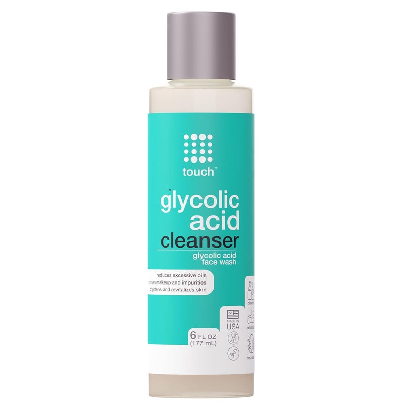 Touch 10 Glycolic Acid Face Wash Exfoliating Non Drying Foaming AHA Cleanser AntiAging Skin Tone Texture Wrinkles Pores Blackheads Sulfate Free Oil Free Low PH 6 oz