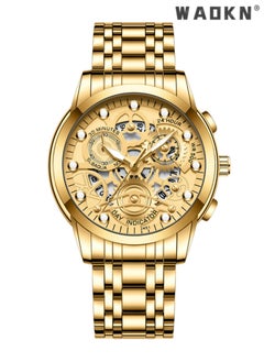 Men's Stainless Steel Strap Mechanical Watch Analog Display Round Gold Dial with Hollow Pattern Decoration Waterproof Luminous Wristwatch as Gift for Men, Classic Business Fashion Watch