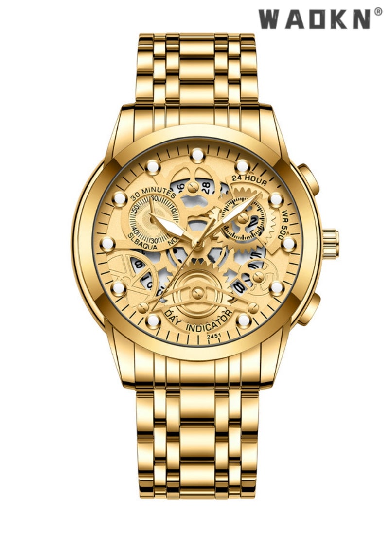 WAOKN - Men's Stainless Steel Strap Mechanical Watch Analog Display Round Gold Dial with Hollow Pattern Decoration Waterproof Luminous Wristwatch as Gift for Men, Classic Business Fashion Watch - Image 1