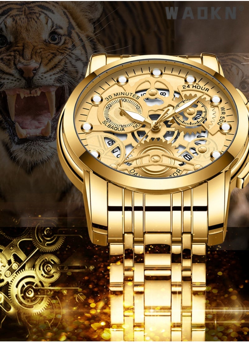 WAOKN - Men's Stainless Steel Strap Mechanical Watch Analog Display Round Gold Dial with Hollow Pattern Decoration Waterproof Luminous Wristwatch as Gift for Men, Classic Business Fashion Watch - Image 1
