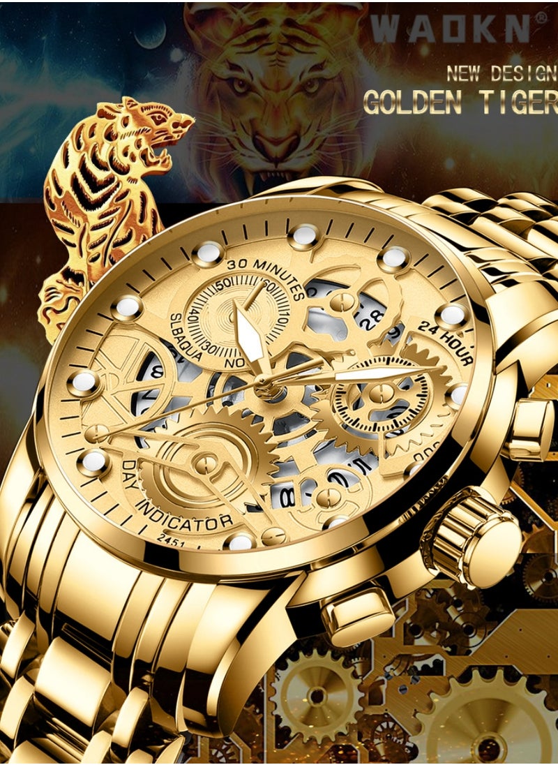 WAOKN - Men's Stainless Steel Strap Mechanical Watch Analog Display Round Gold Dial with Hollow Pattern Decoration Waterproof Luminous Wristwatch as Gift for Men, Classic Business Fashion Watch - Image 1