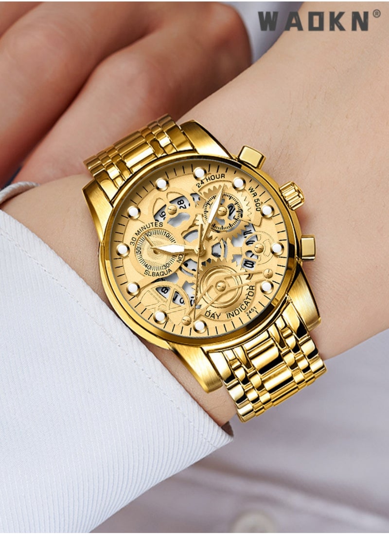 WAOKN - Men's Stainless Steel Strap Mechanical Watch Analog Display Round Gold Dial with Hollow Pattern Decoration Waterproof Luminous Wristwatch as Gift for Men, Classic Business Fashion Watch - Image 1