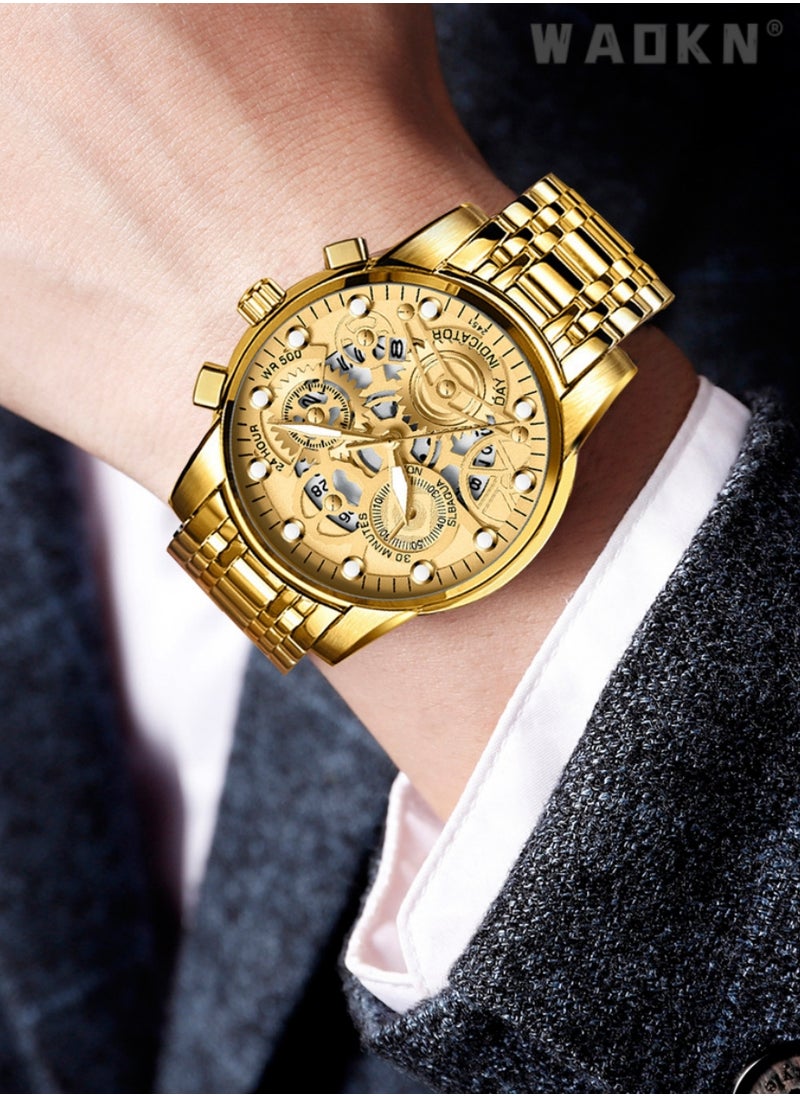 WAOKN - Men's Stainless Steel Strap Mechanical Watch Analog Display Round Gold Dial with Hollow Pattern Decoration Waterproof Luminous Wristwatch as Gift for Men, Classic Business Fashion Watch - Image 1