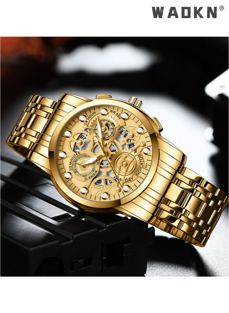 WAOKN - Men's Stainless Steel Strap Mechanical Watch Analog Display Round Gold Dial with Hollow Pattern Decoration Waterproof Luminous Wristwatch as Gift for Men, Classic Business Fashion Watch - Image 1
