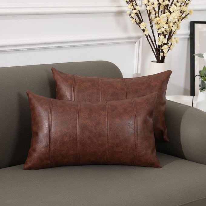 SET OF 2 FAUX LEATHER STRIPE DECORATIVE THROW PILLOW COVERS MODERN SOLID OUTDOOR CUSHION CASES LUXURY PILLOWCASES FOR COUCH SOFA BED 14X14 INCHES DARK BROWN