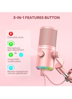 Maono USB Gaming Microphone for PC Programmable Condenser Mic with RGB Light  Mute Gain Monitoring Volume Control for Streaming Podcasts and Computers DM30 Pink  - Image 3