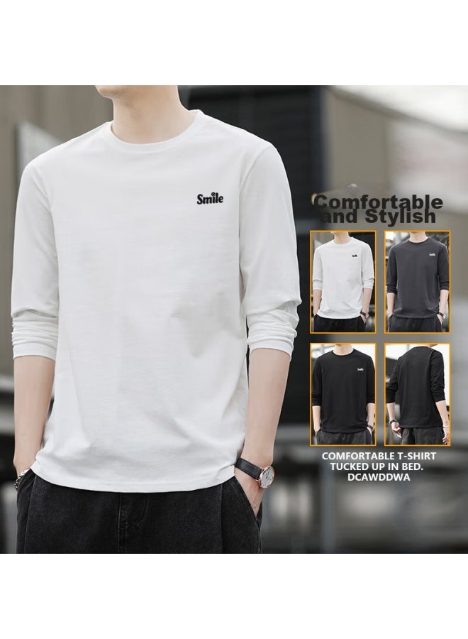 Pull Back Warrior Long-sleeve T-shirt For Men, Spring And Autumn Solid Color Pure Cotton Undershirt, Loose Round Neck Basic Versatile Top, White, Size L - Image 4