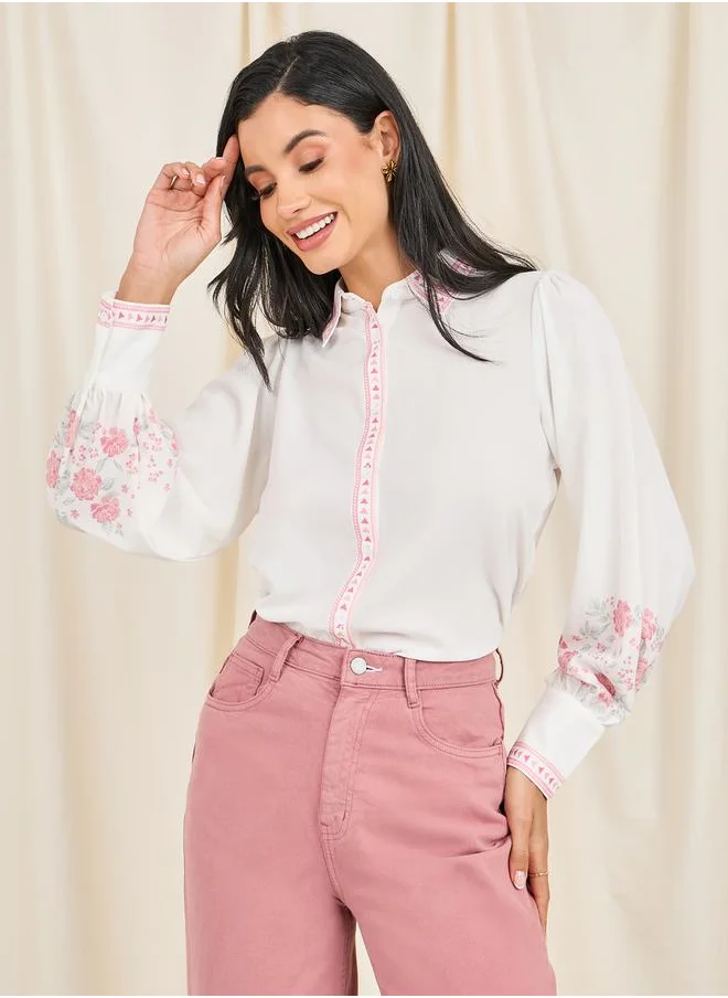 Styli Floral Print Relax Fit Shirt with Aztec Border Print