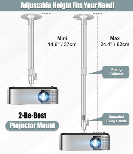 2-Be-Best Projector Ceiling Mount, Upgraded14-24in / 37-62cm Projector Mount Ceiling 360° Rotation & 90° Tilt Adjustable Compatible with Aurzen, TMY, HAPPRUN, Yaber, & Most Projectors Silver - Image 3