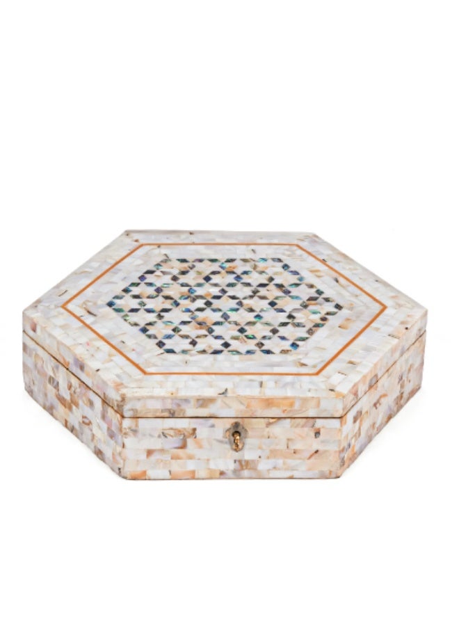 Handmade Hexagonal Wooden Jewelry Box Fully Inlaid with Natural Mother of Pearl & Colored Abalone Shell, Iridescent White - Size 10x10x5 cm - Image 1