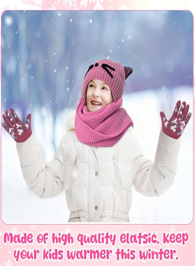Cutecrop 3 Pcs Winter Hat Gloves Scarf Set for Kids Girls Toddler Children Winter Cat Beanie, Glove, Scarf for 7-12 Age(Pink) - Image 5