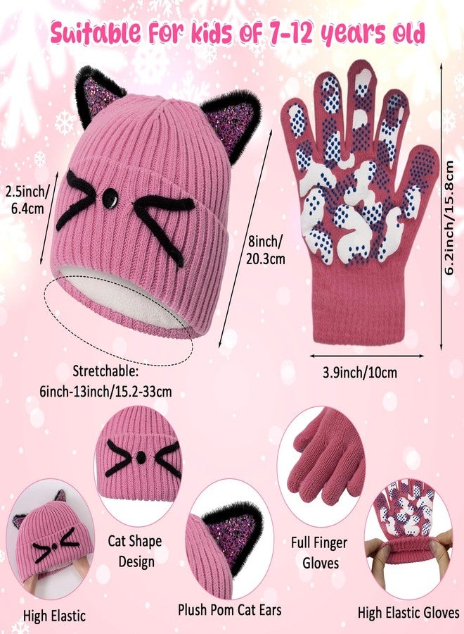 Cutecrop 3 Pcs Winter Hat Gloves Scarf Set for Kids Girls Toddler Children Winter Cat Beanie, Glove, Scarf for 7-12 Age(Pink) - Image 2
