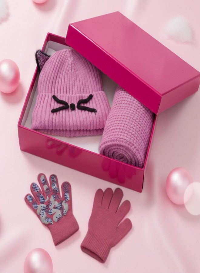 Cutecrop 3 Pcs Winter Hat Gloves Scarf Set for Kids Girls Toddler Children Winter Cat Beanie, Glove, Scarf for 7-12 Age(Pink) - Image 4