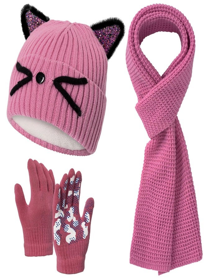 Cutecrop 3 Pcs Winter Hat Gloves Scarf Set for Kids Girls Toddler Children Winter Cat Beanie, Glove, Scarf for 7-12 Age(Pink) - Image 1