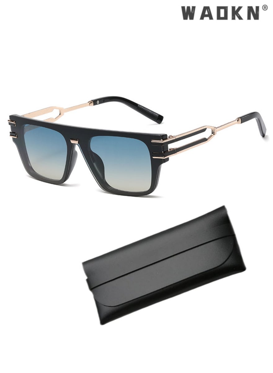 Modern Square Polarized Sunglasses for Women and Men, UV400 Protection Sun Glasses with Metal Frame Fashion Anti-Glare Sun Shades for Men Driving Fishing Outdoor Traveling Gradient Blue Lens