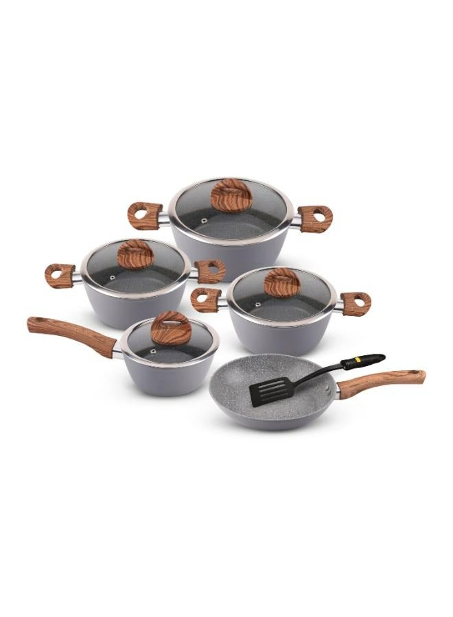 Delcasa Chef Master 10-Piece Cookware Set- DC2284| Aluminium Body with 5-Layer Granite Coating| Induction Base| Wooden-Finish Bakelite Handles and Glass Lid| Includes Casserole, Saucepan, Fry Pan and Nylon Turner| Dishwasher-Safe and Induction Bottom| PTFE-Free and PFOA-Free| Grey - Image 1