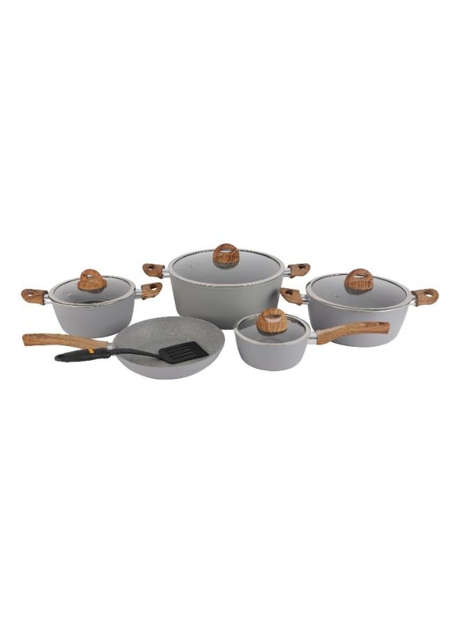 Delcasa Chef Master 10-Piece Cookware Set- DC2284| Aluminium Body with 5-Layer Granite Coating| Induction Base| Wooden-Finish Bakelite Handles and Glass Lid| Includes Casserole, Saucepan, Fry Pan and Nylon Turner| Dishwasher-Safe and Induction Bottom| PTFE-Free and PFOA-Free| Grey - Image 3