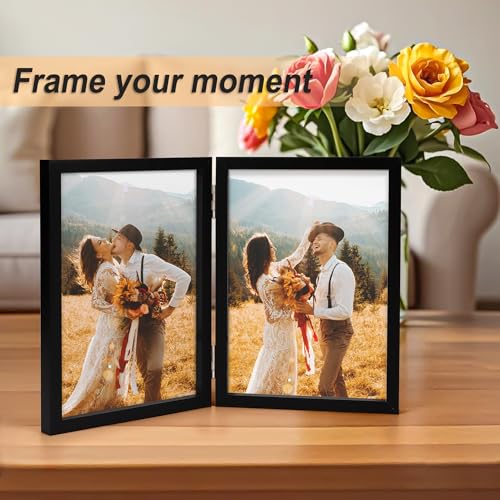 AEVETE 5x7 Picture Frames Double Hinged Wood Folding Photo Frames Vertical with Plexiglass Front, Black - Image 3