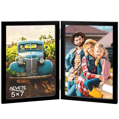 AEVETE 5x7 Picture Frames Double Hinged Wood Folding Photo Frames Vertical with Plexiglass Front, Black - Image 1