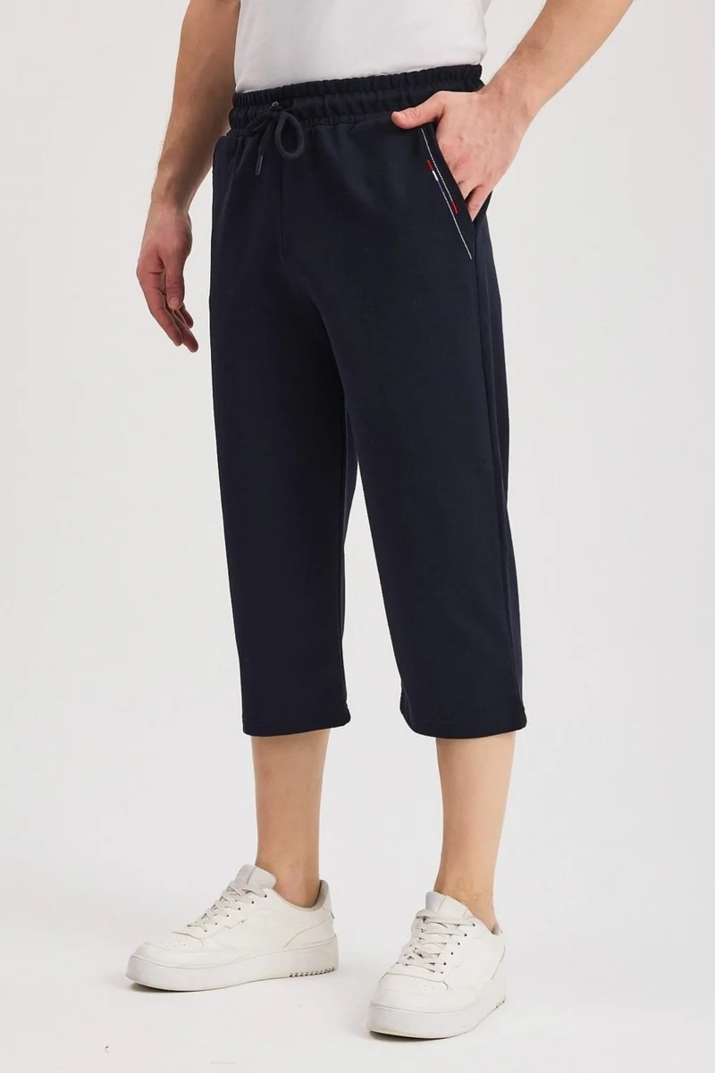 ميتاليك Men's Navy Blue Bermuda Below Knee Capri Long Shorts with Side Pockets and Adjustable Elastic Waist