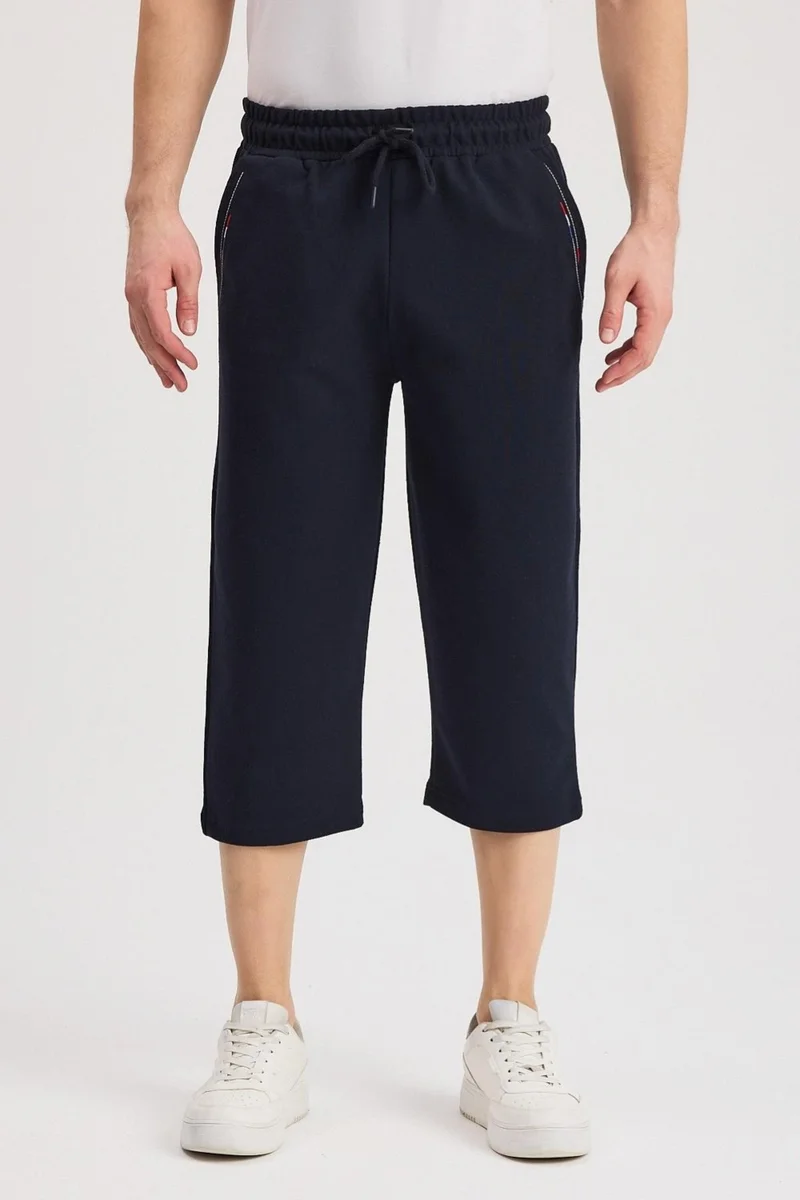 ميتاليك Men's Navy Blue Bermuda Below Knee Capri Long Shorts with Side Pockets and Adjustable Elastic Waist