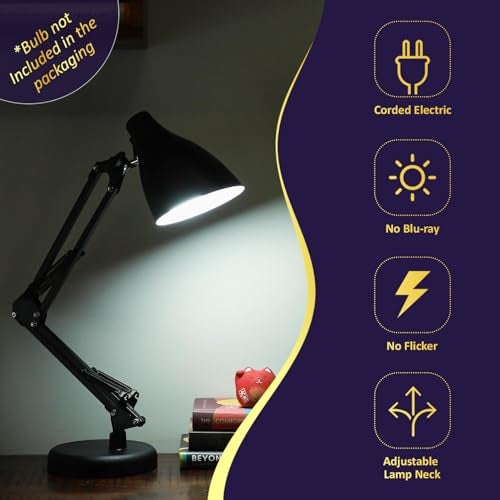 Lexton Black Table Desk Lamp for Studying & Reading | Portable Bedside Table Desk Light, Bulb Not Included (Pack of 1, Plastic) - Image 3