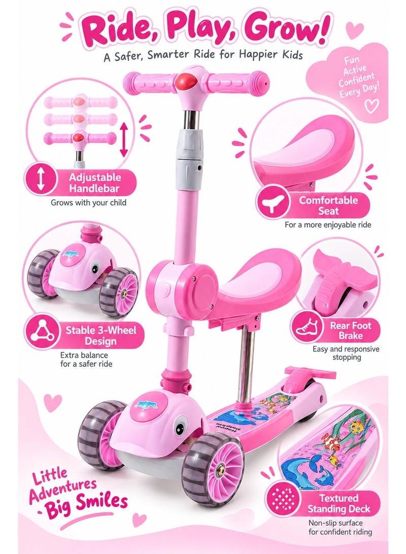 سكوتر أطفال وردي بثلاث عجلات مع مقعد ومقود قابل للتعديل وفرامل قدم خلفية، منصة عريضة مانعة للانزلاق ومقابض مريحة للقيادة - Image 2