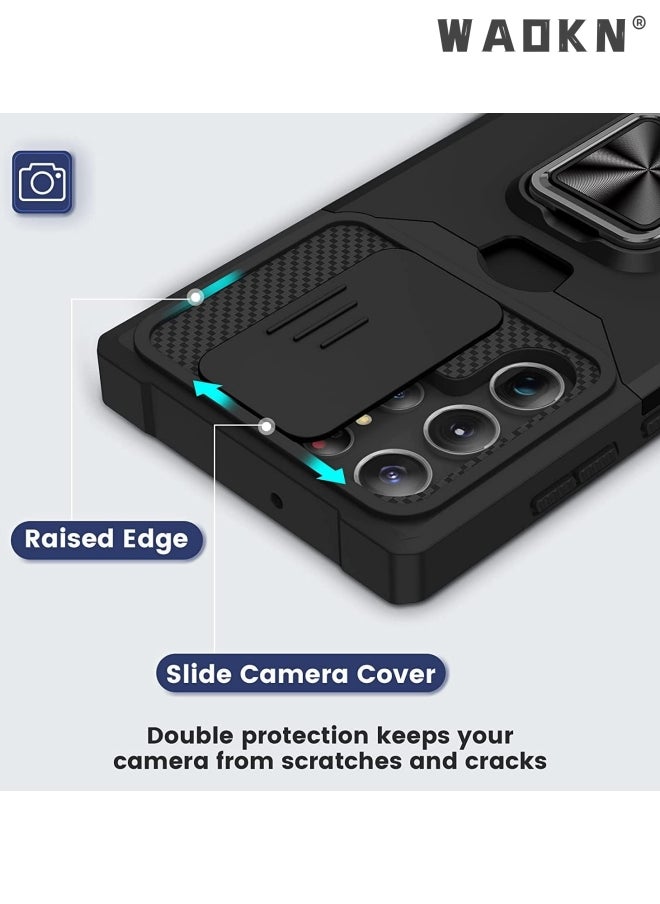 WAOKN For Samsung Galaxy S24 Ultra Case with Card Holder,rojarou for Sumsung S24 Ultra Case with Slide Camera Cover and 360° Rotate Ring Kickstand Heavy Duty Protective Phone Case for S24 Ultra Cover-black  - Image 5