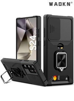 WAOKN For Samsung Galaxy S24 Ultra Case with Card Holder,rojarou for Sumsung S24 Ultra Case with Slide Camera Cover and 360° Rotate Ring Kickstand Heavy Duty Protective Phone Case for S24 Ultra Cover-black  - Image 1