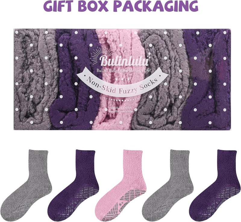 Bulinlulu Fuzzy Socks with Grips for Women 5-Pairs Non Slip Sleep Warm Fluffy Slipper Socks with Grippers for Women - Image 2