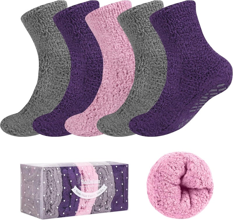 Bulinlulu Fuzzy Socks with Grips for Women 5-Pairs Non Slip Sleep Warm Fluffy Slipper Socks with Grippers for Women - Image 1