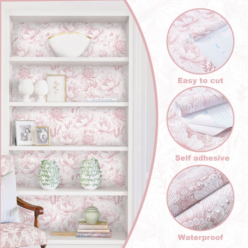 GloryTik Floral Peel and Stick Wallpaper Boho Contact Paper 17.3" x 118" Pink and White Self Adhesive Removable Wallpaper Modern Wall Paper for Bedroom Bathroom - Image 5