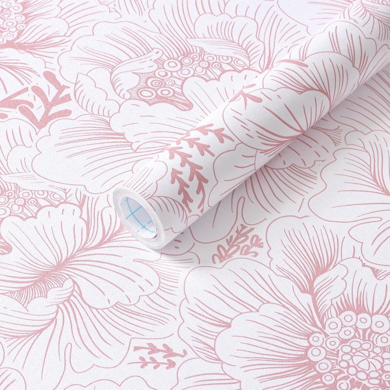 GloryTik Floral Peel and Stick Wallpaper Boho Contact Paper 17.3" x 118" Pink and White Self Adhesive Removable Wallpaper Modern Wall Paper for Bedroom Bathroom - Image 1