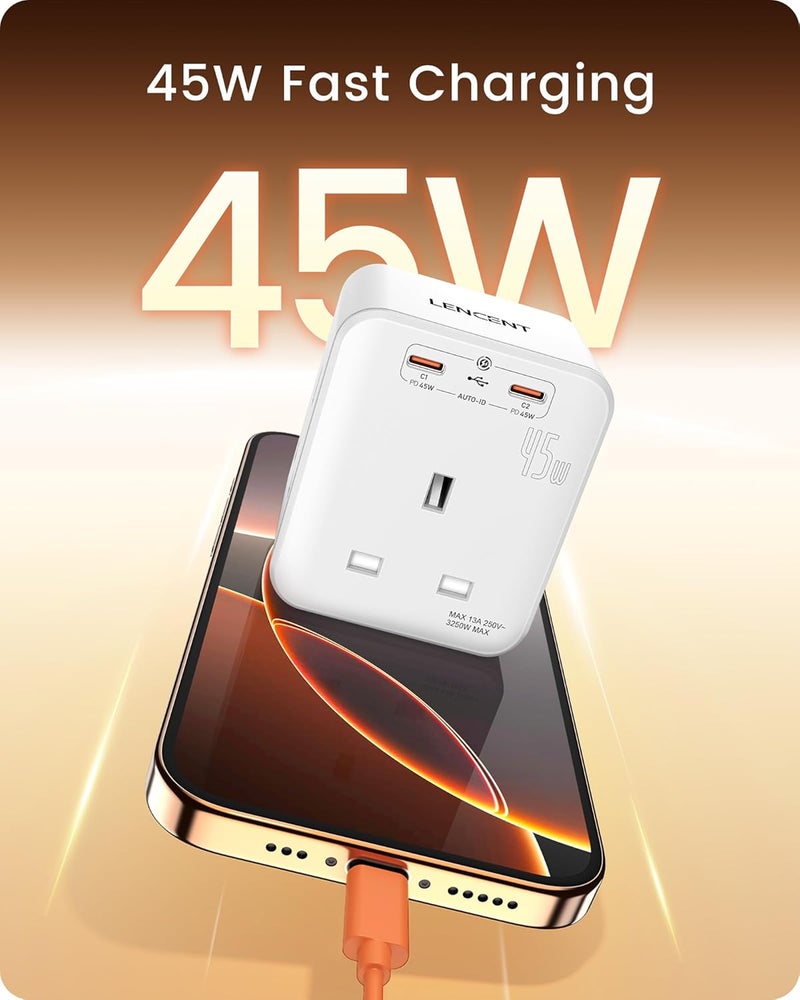 3 Way Plug Extension Socket with 2 Fast Charge USB | 5-in-1 Cube Multi Plug Extension with PD 45W USB C Wall Charger, Outlet Extender for Home, Office, Kitchen, 13A 3250W - Image 3