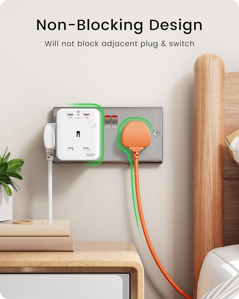 3 Way Plug Extension Socket with 2 Fast Charge USB | 5-in-1 Cube Multi Plug Extension with PD 45W USB C Wall Charger, Outlet Extender for Home, Office, Kitchen, 13A 3250W - Image 4
