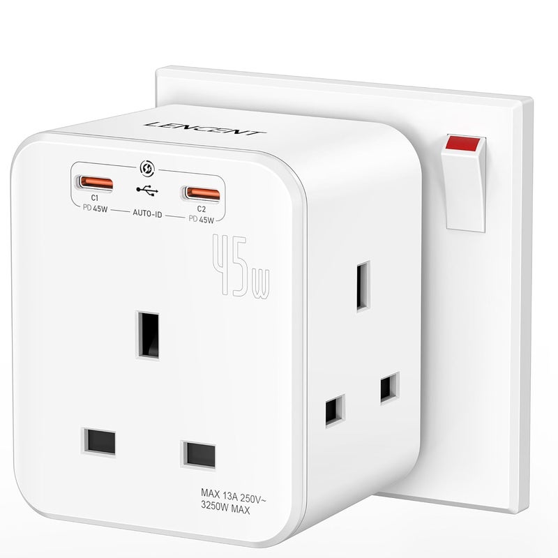 3 Way Plug Extension Socket with 2 Fast Charge USB | 5-in-1 Cube Multi Plug Extension with PD 45W USB C Wall Charger, Outlet Extender for Home, Office, Kitchen, 13A 3250W - Image 1