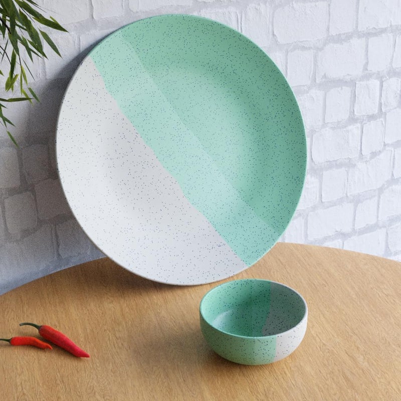 The Earth Store TT Green Matte 2 Piece Ceramic Dinner Set, 1 Full Dinner Plate, 1 Vegetable Bowls | Microwave & Dishwasher Safe | Ceramic Plate & Bowls | Katori - Image 1