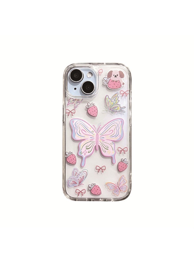 NIBEMINENT Cute Pink Strawberry Butterfly Protective TPU Case Cover For iPhone 16 Clear - Image 2