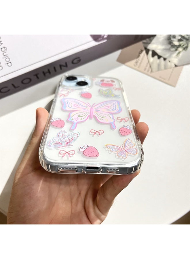 NIBEMINENT Cute Pink Strawberry Butterfly Protective TPU Case Cover For iPhone 16 Clear - Image 1